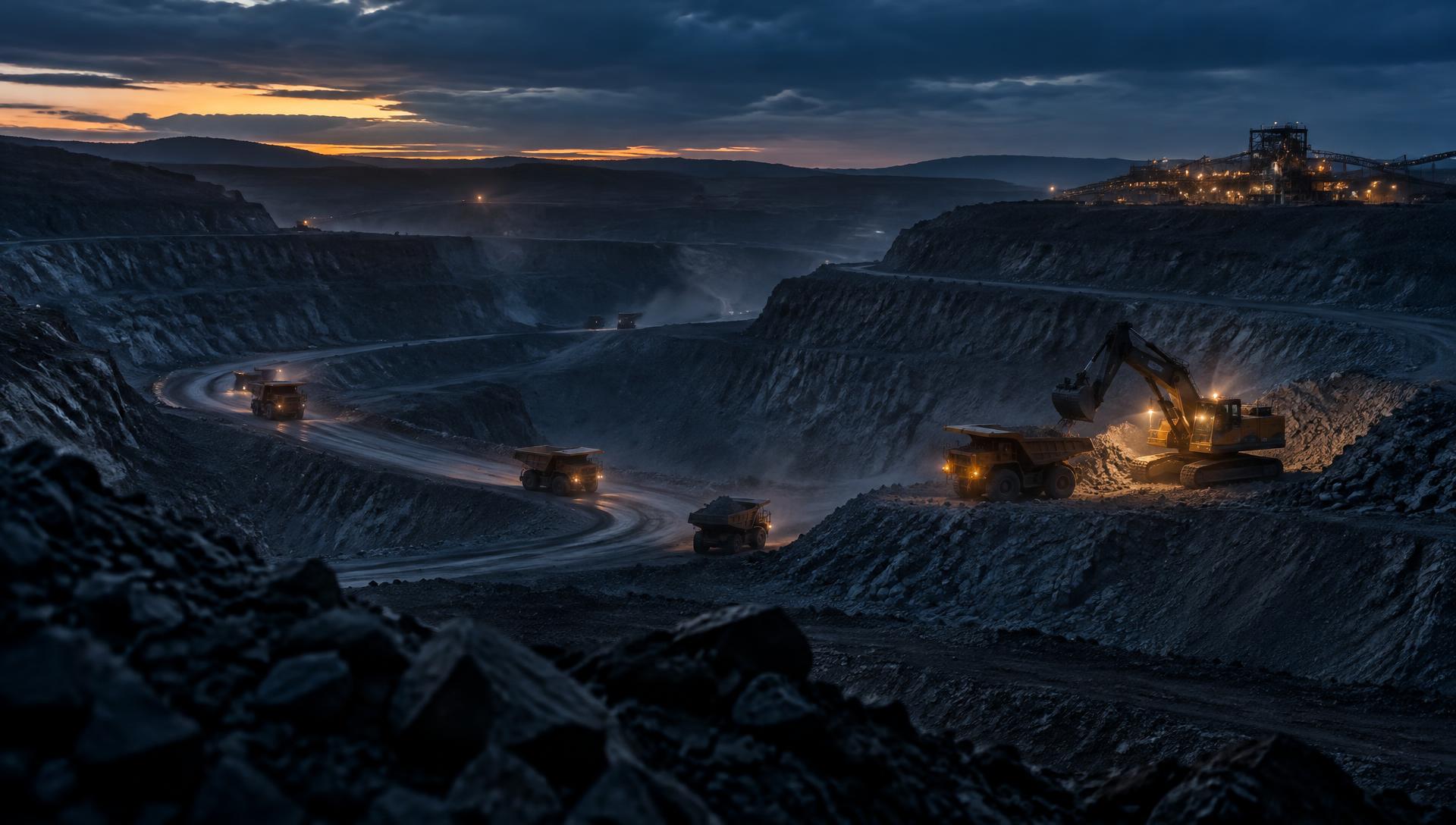Open-pit mine at dusk with haul trucks and an excavator working under lights
